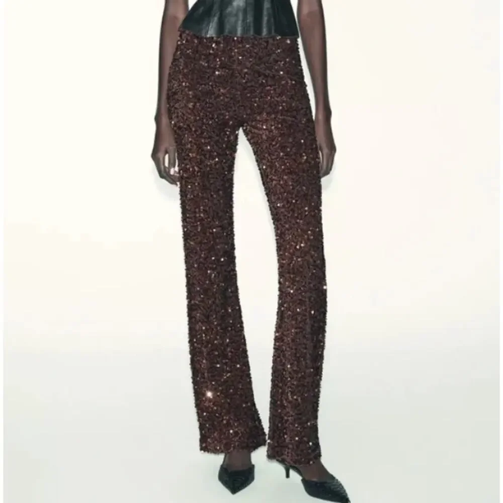 Zara Brown Sequin Flare Pants Elastic Waist Size Medium